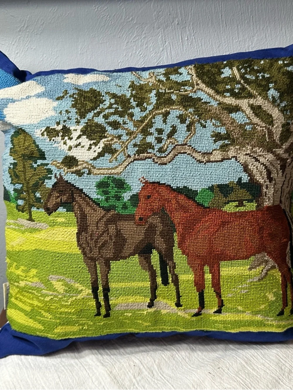 Horse Embroidered Needlepoint Pillow with Blue Backing - Picture 2 of 5